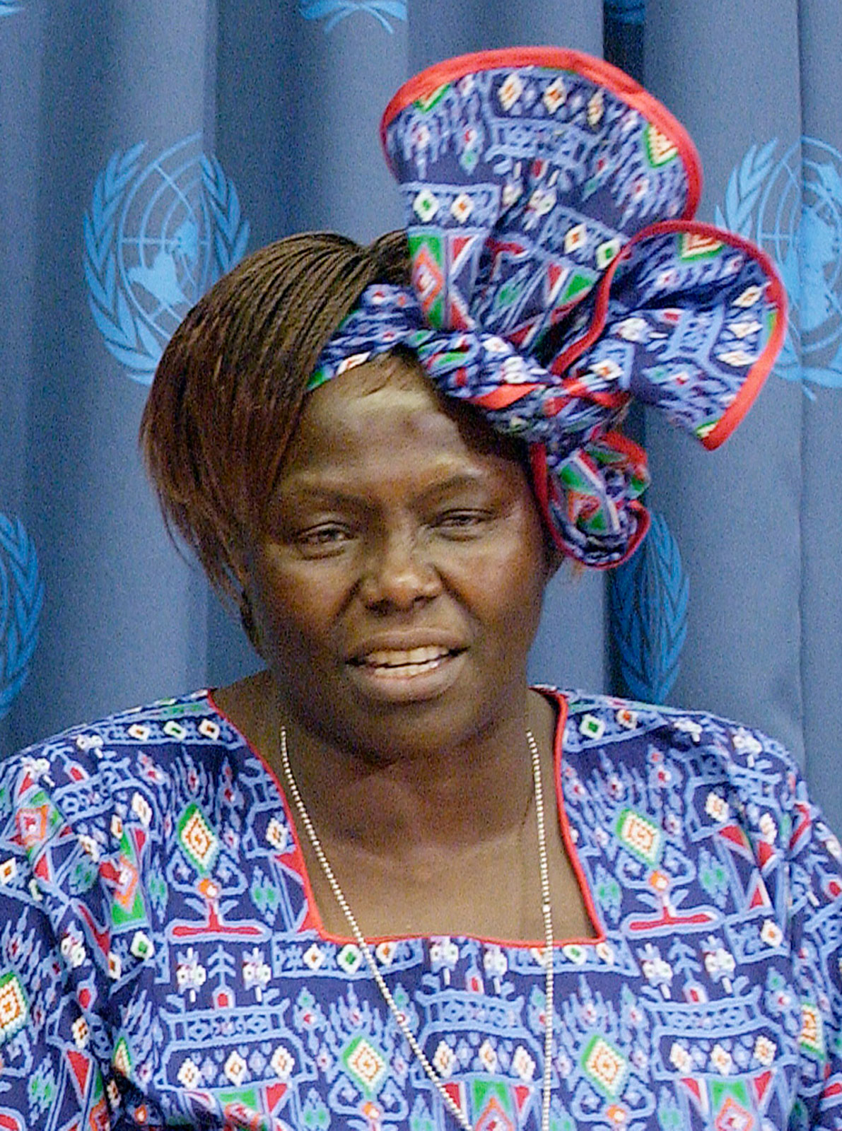 Photograph of Wangari Maathai in blue traditional dress