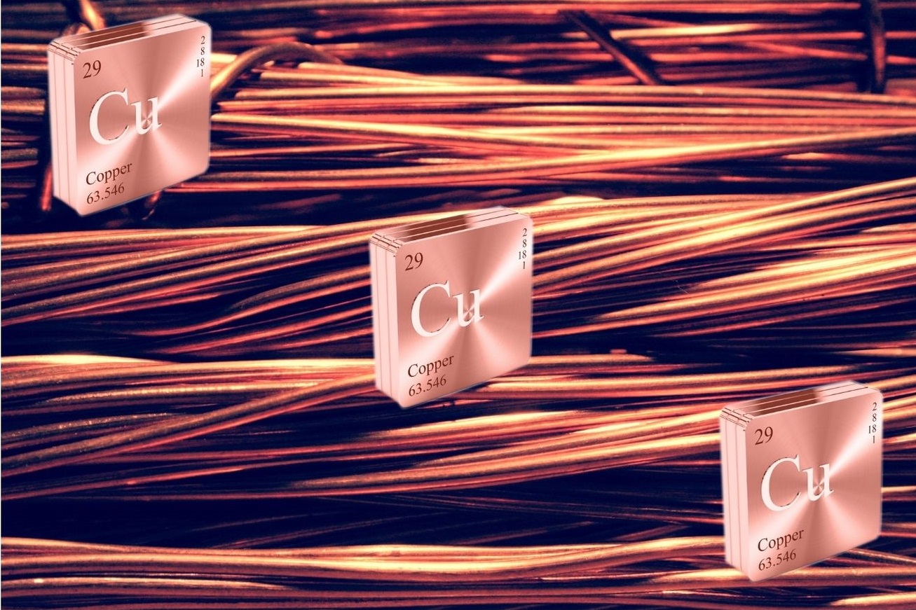 Three Copper Symbols arranged diagonally from top left to bottom right on Bundles of Copper Wire